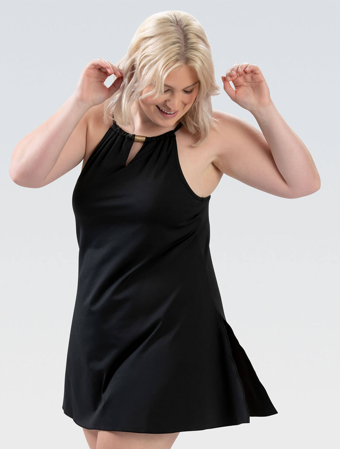 Women's Aquashape Solid Black Deep Scoop Neck Swim Dress with Attached  Sarong Skirt – Dolfin Swimwear