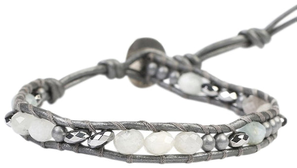 Chan Luu Aqua Semi Precious Stones and Rondelles Mix Single Grey Leather Wrap Bracelet