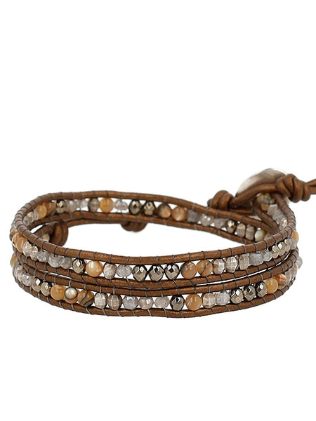 Chan Luu Sterling Silver with Pyrite Stone Mix Double Wrap Brown Leather Bracelet