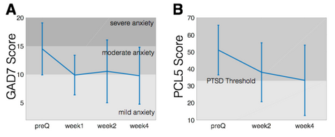 Two graphs showing a decrease in anxiety and PTSD symptoms over time