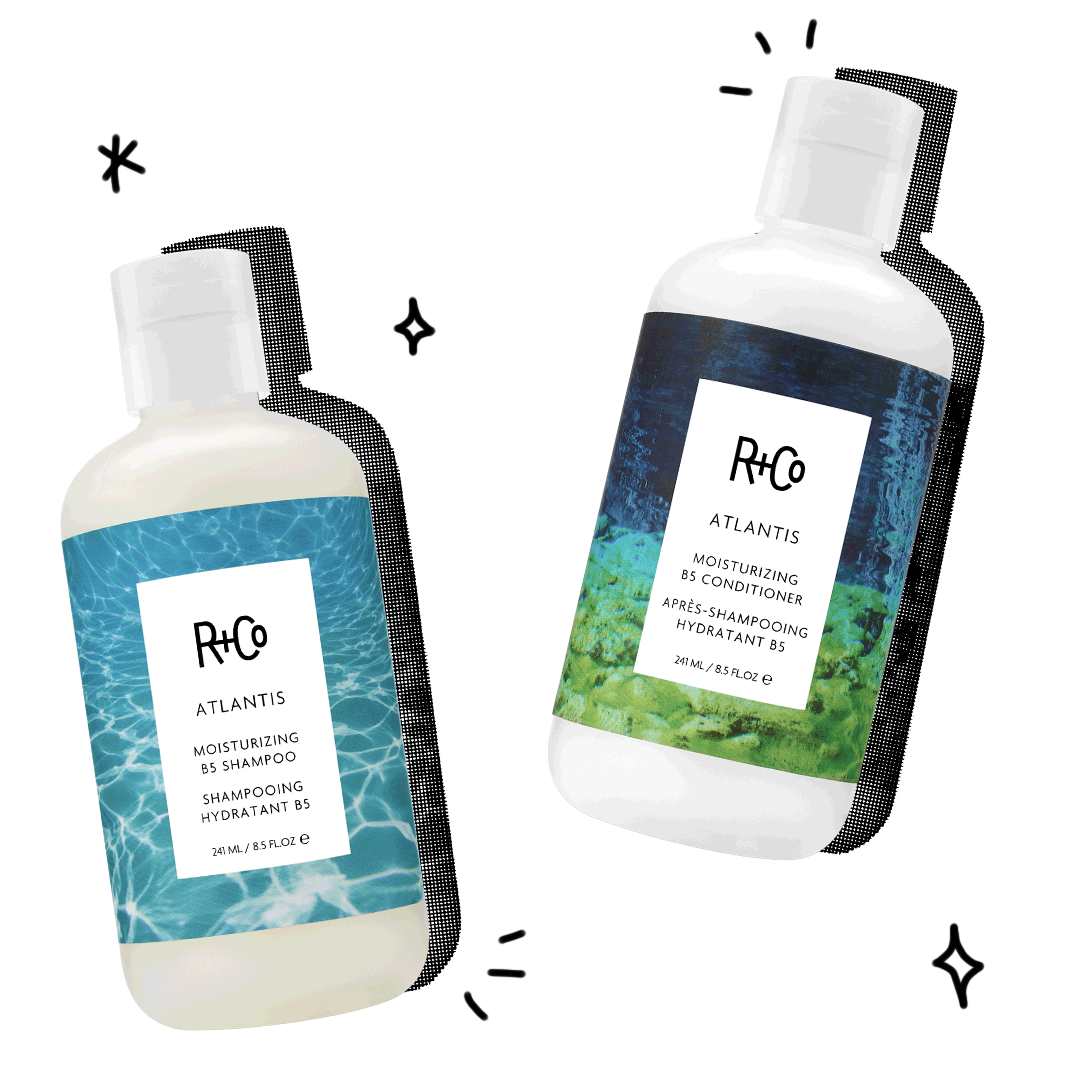 Photo of R+Co Atlantis Moisturizing Shampoo and Conditioner with doodles around them.