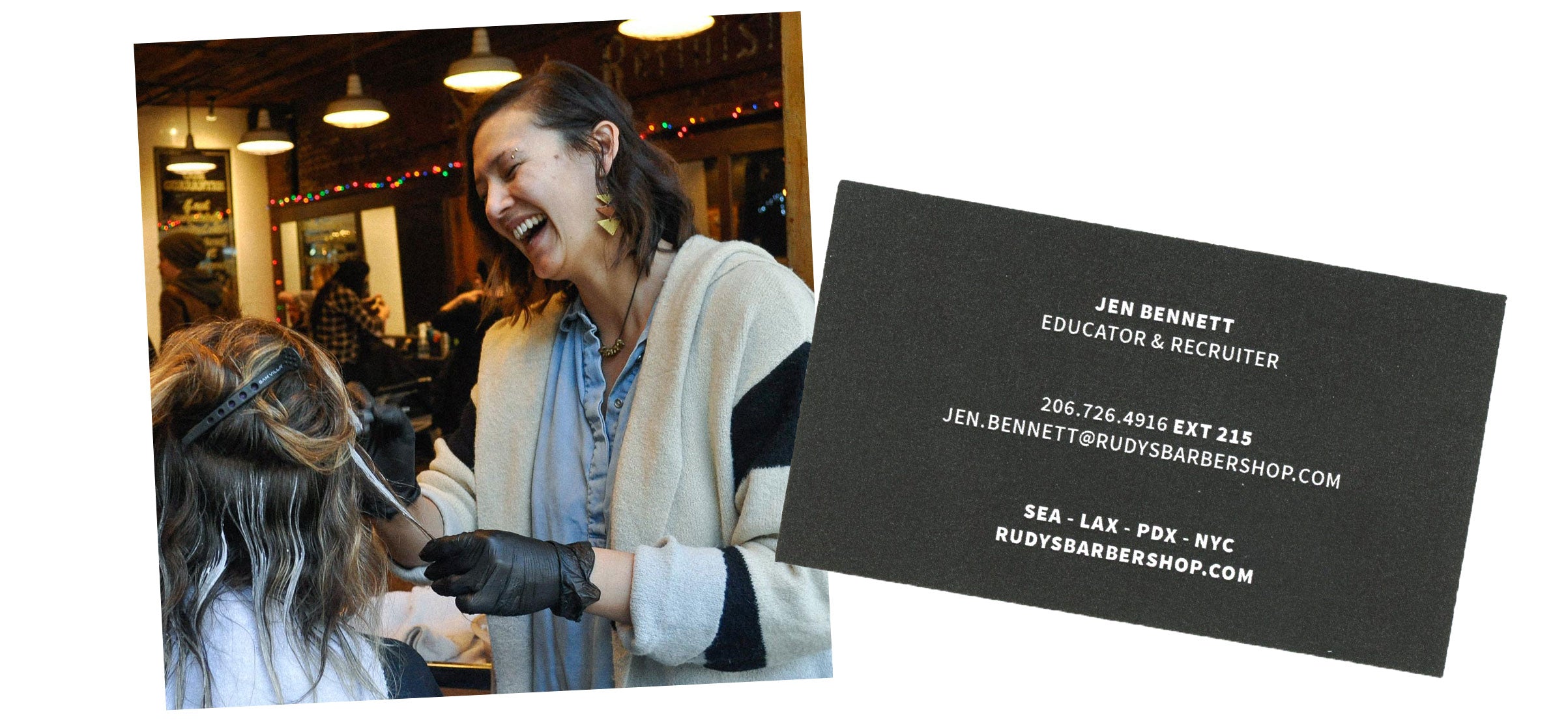 Photo of Jen Bennett doing balayage and her business card