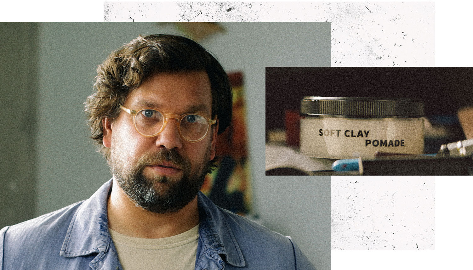 collage of man with glasses and beard and brown wavy hair with loose curls and Rudy's Soft Clay Pomade