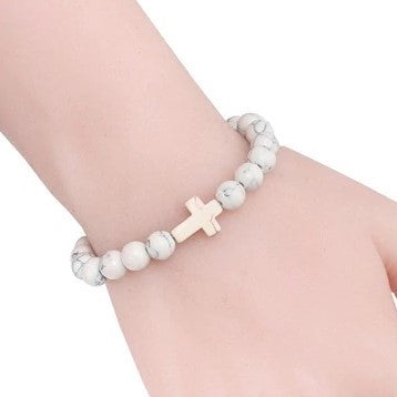 Silver Cross Beaded Stretch Bracelet - White