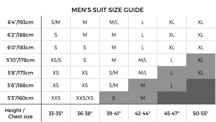 All in One Ski Suit Size Mens Chart