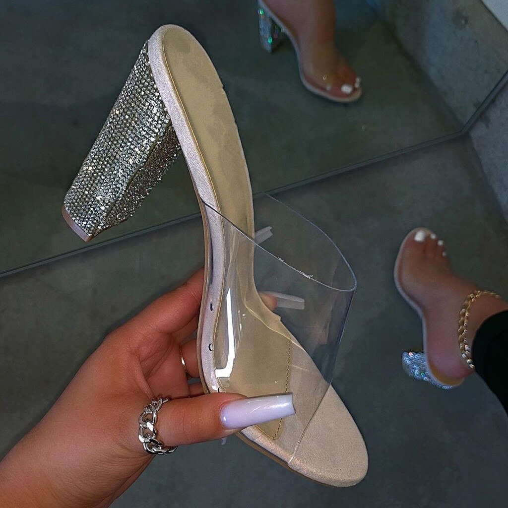 clear and rhinestone heels