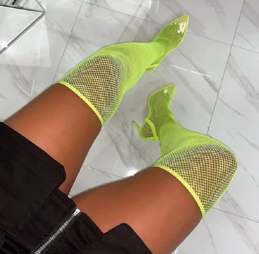 neon yellow fishnet heels