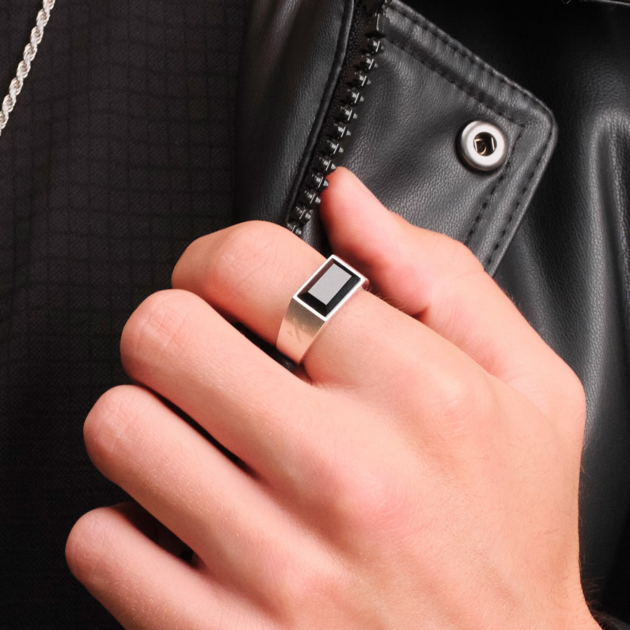 Beveled Onyx Signet Ring - Silver