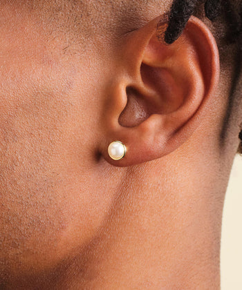 Bezeled Pearl Stud Earrings - Gold