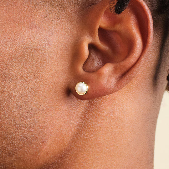 Bezeled Pearl Stud Earrings - Gold - Image 2/2