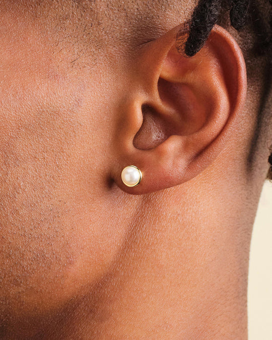 Bezeled Pearl Stud Earrings - Gold - Image 2/2