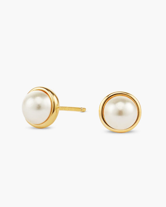 Women's Bezeled Pearl Stud Earrings - Gold - Image 1/2