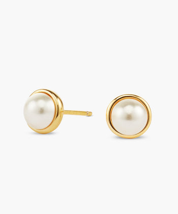 Bezeled Pearl Stud Earrings - Gold