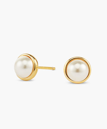 Picture of Bezeled Pearl Stud Earrings - Gold