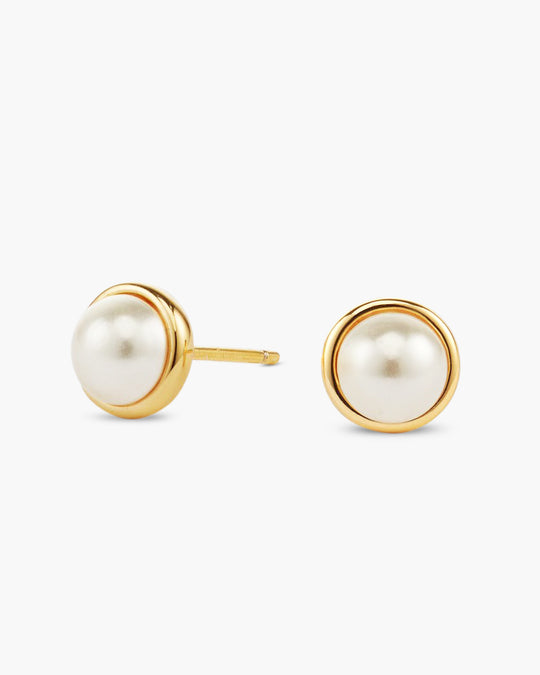 Bezeled Pearl Stud Earrings - Gold - Image 1/2