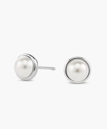 Bezeled Pearl Stud Earrings - Silver