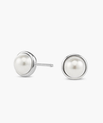 Women's Bezeled Pearl Stud Earrings - Silver