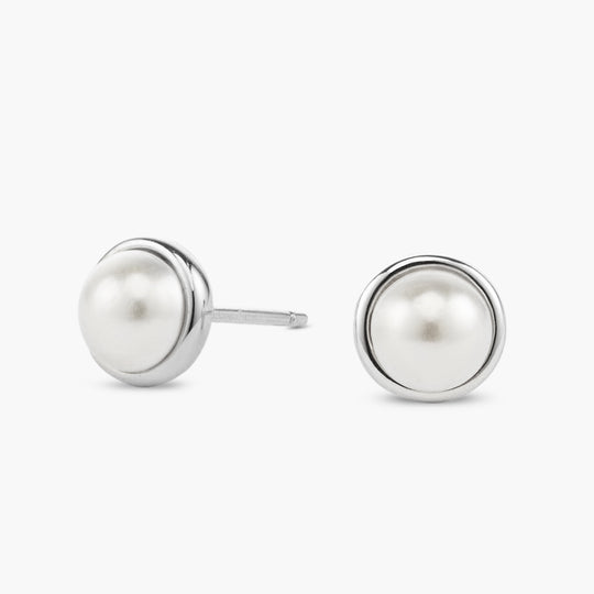 Bezeled Pearl Stud Earrings - Silver - Image 1/2