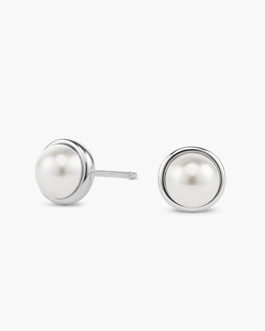 Bezeled Pearl Stud Earrings  Silver - Image 1/7