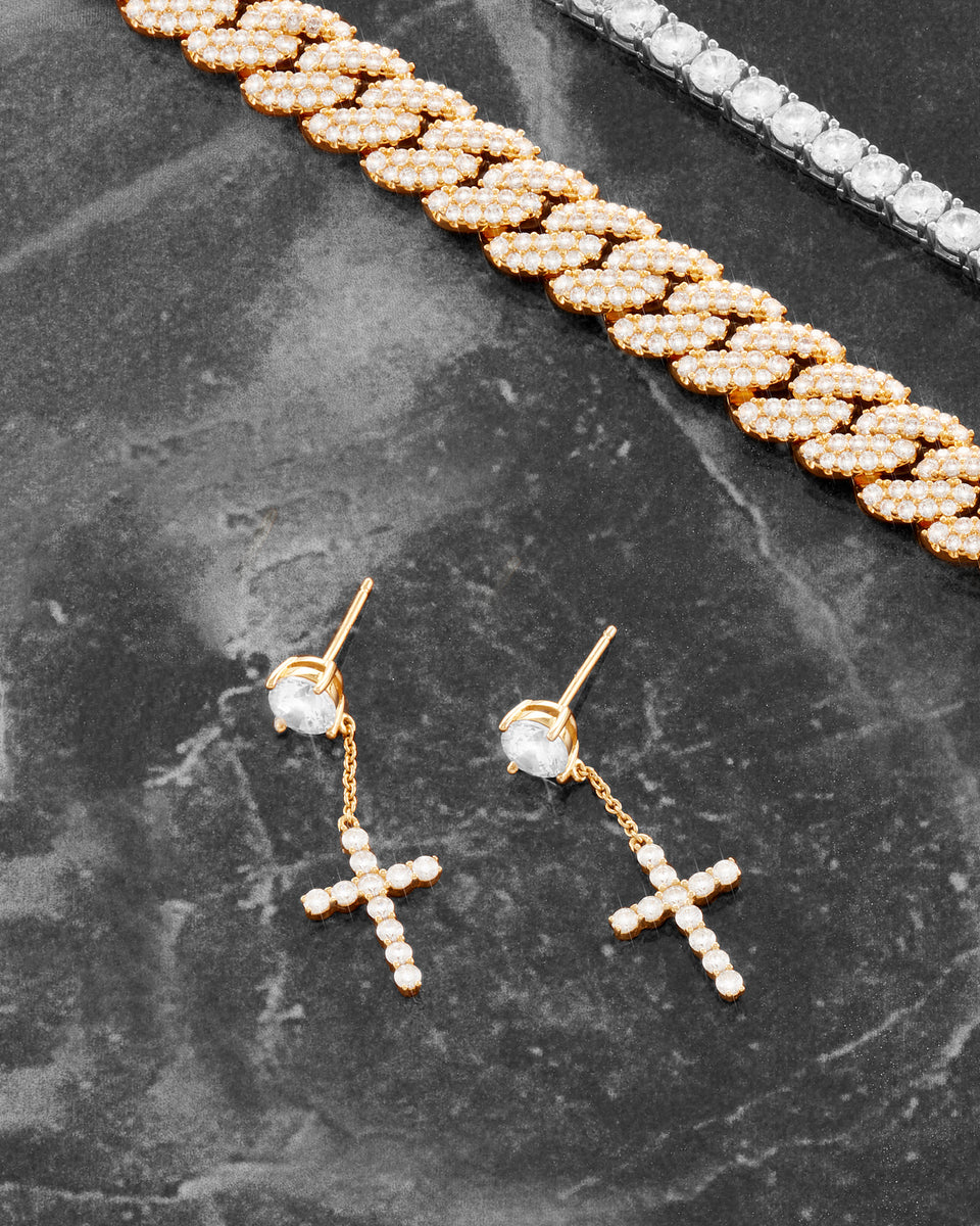 Hanging Cross Stud Earring - Gold