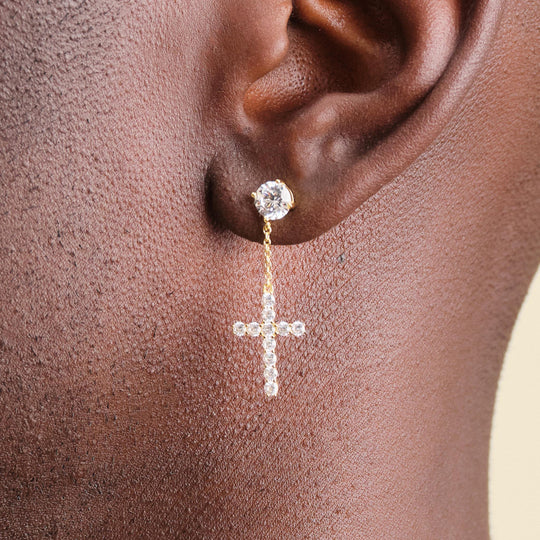 Hanging Cross Stud Earring - Gold - Image 2/2