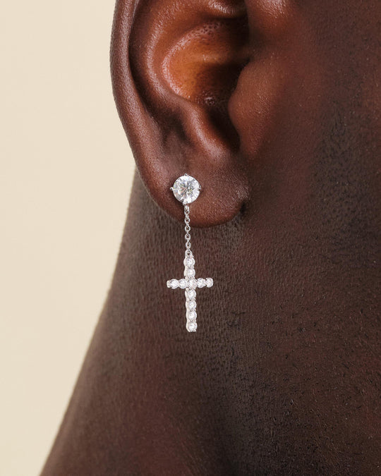 Hanging Cross Stud Earring - Silver - Image 2/2