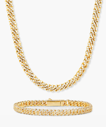 Women's Iced Out Cuban Set - Gold