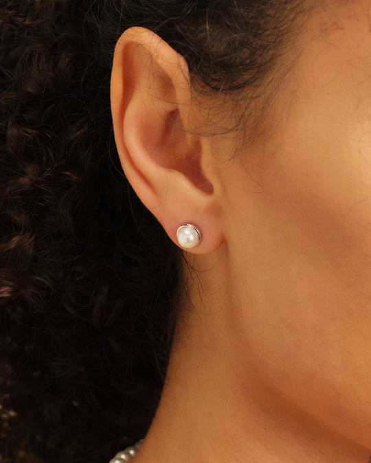 Women's Bezeled Pearl Stud Earrings - Silver - Image 2/2