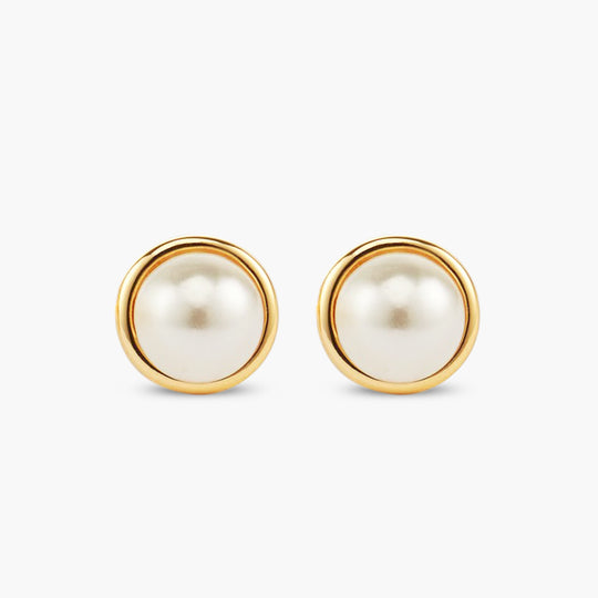 Bezeled Pearl Stud Earrings  Gold - Image 4/7