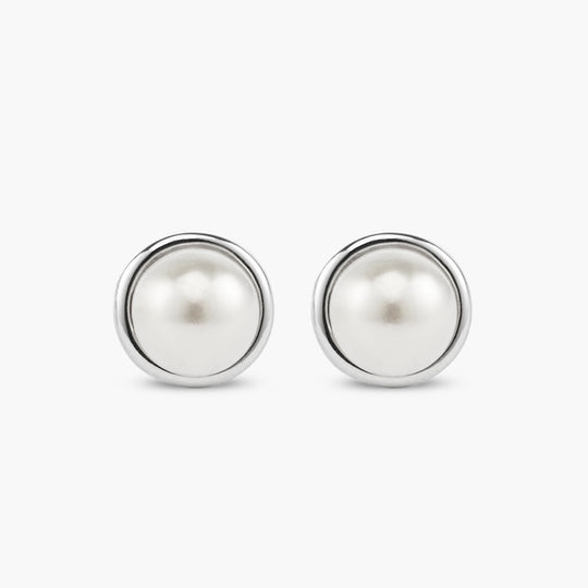 Bezeled Pearl Stud Earrings - Silver - JAXXON