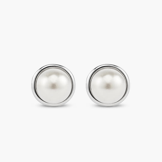 Bezeled Pearl Stud Earrings  Silver - Image 4/7
