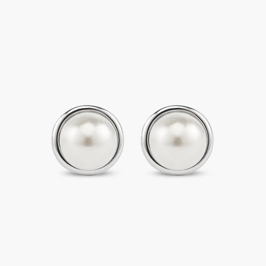 Women's Bezeled Pearl Stud Earrings  Silver - Image 4/7