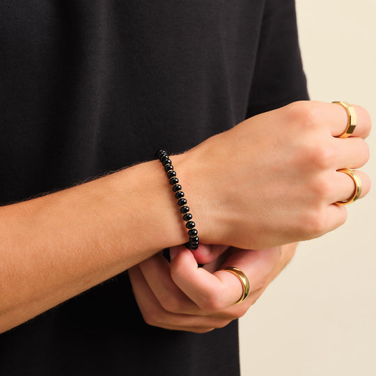 Men's Gold Beaded Bracelet: Onyx & Nylon Woven