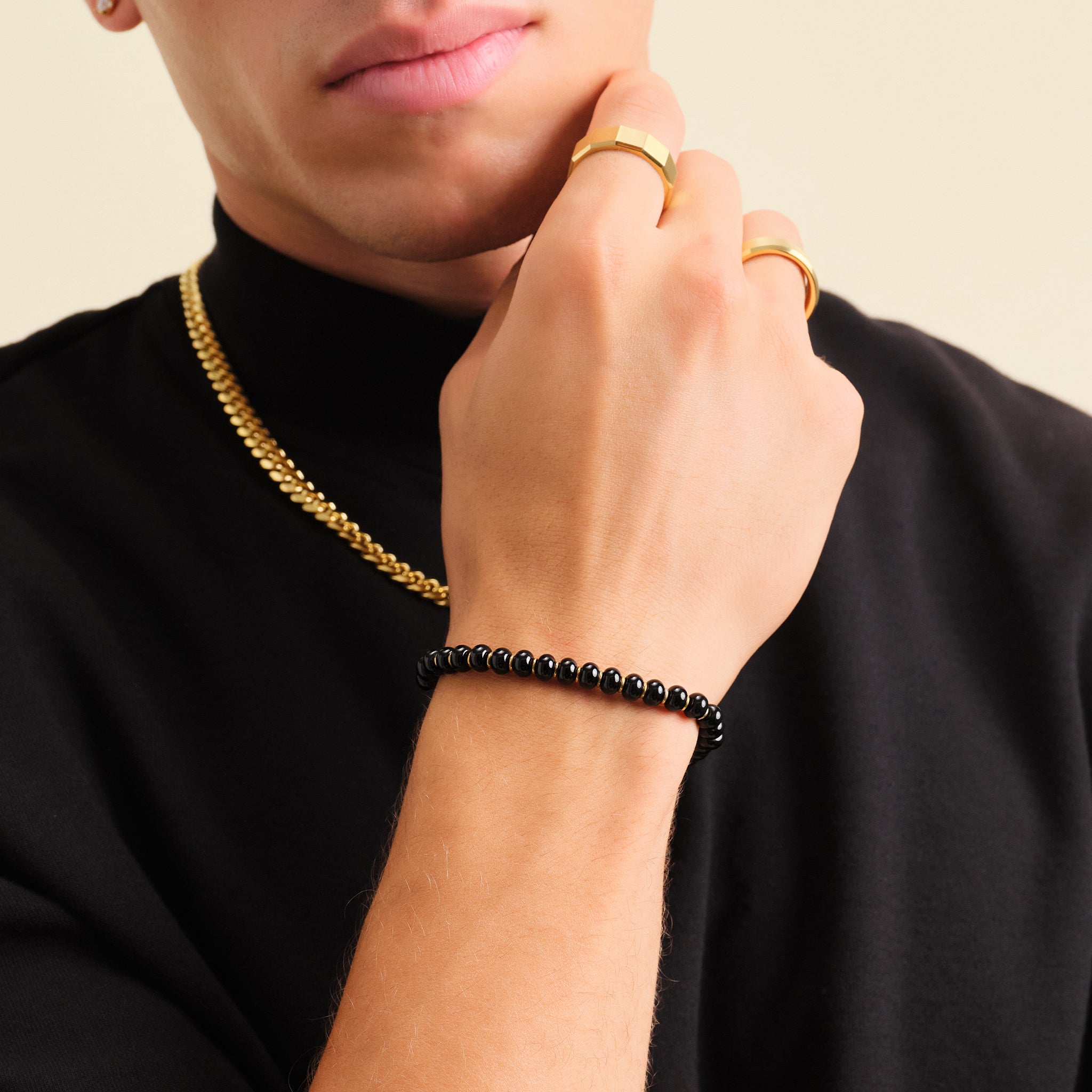 Men\'s Gold Beaded Bracelet: Onyx & Nylon Woven | JAXXON