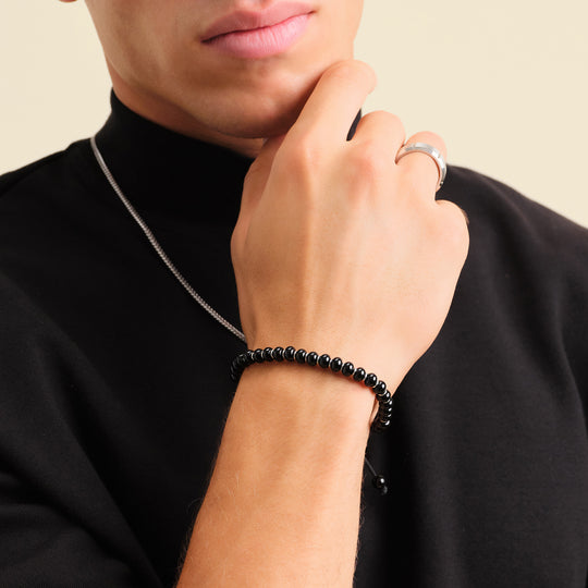 Men's Silver Beaded Bracelet: Onyx & Nylon Woven