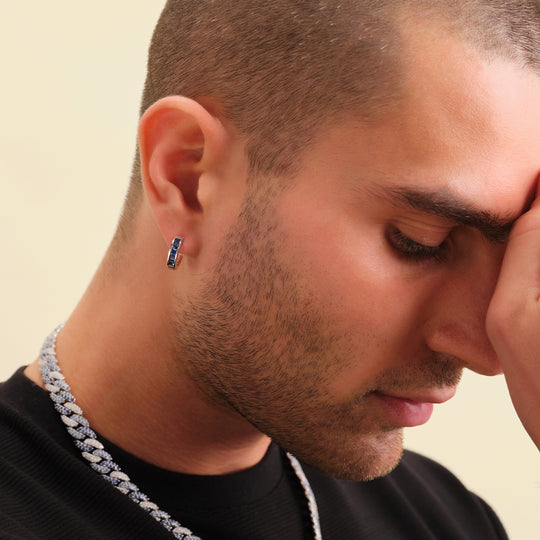 Studded Inset Hoop Earrings - Men's Silver Hoops - JAXXON