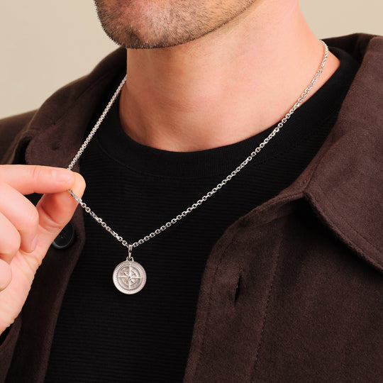 Necklace Men Compass Pendant for Men 925 Sterling Sliver Compass Necklace  Jewelry for Men Birthday Gift Husband Boy with Stainless Steel Pearl Chain  22