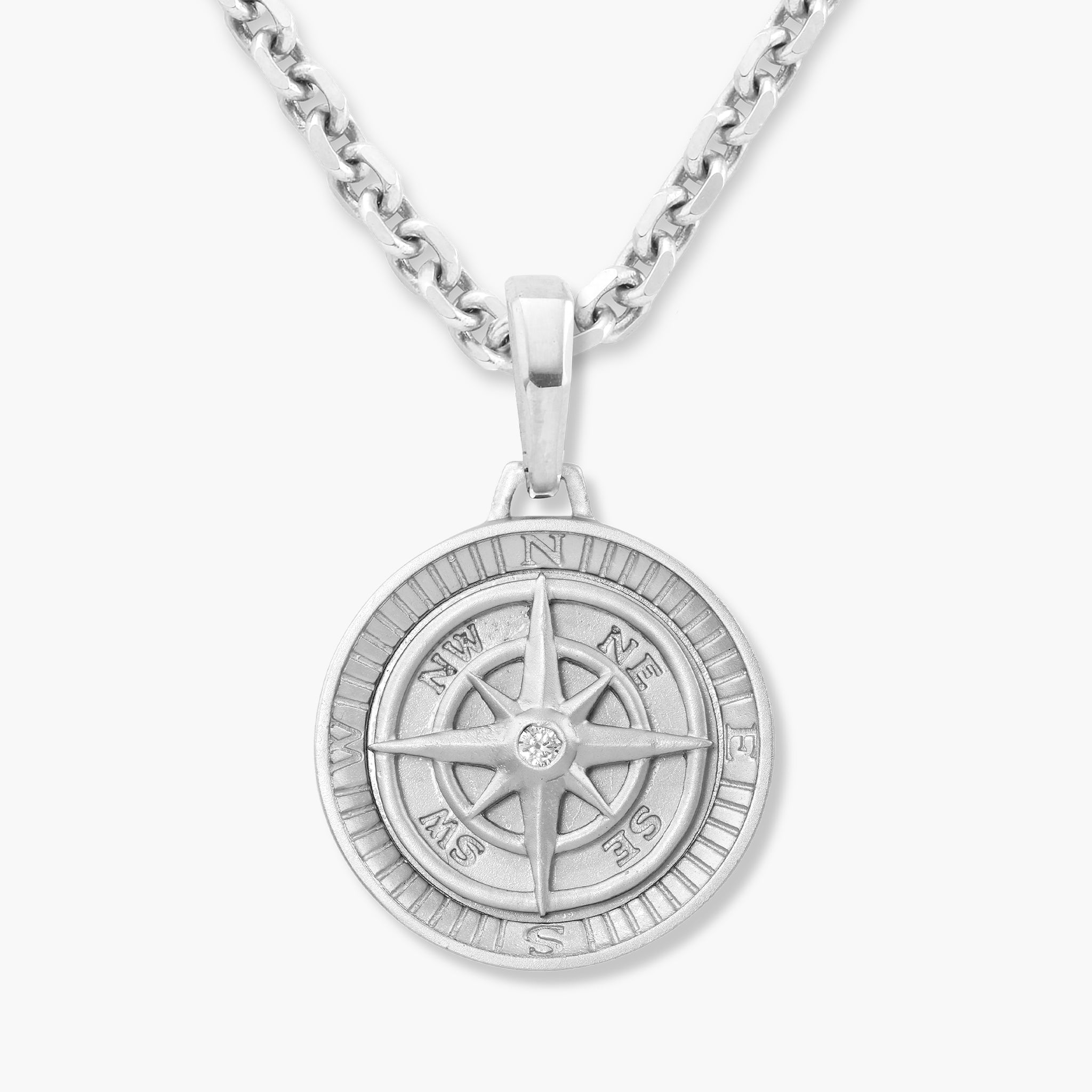 Men's Silver Compass Pendant Necklace - Men's Silver Necklace