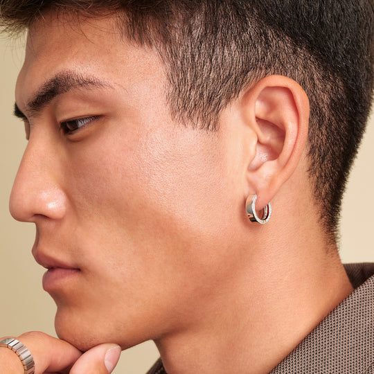 Studded Inset Hoop Earrings - Men's Silver Hoops - JAXXON