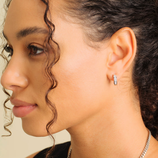 Women's Emerald Cut Inset Hoop Earrings  Silver - Image 6/6