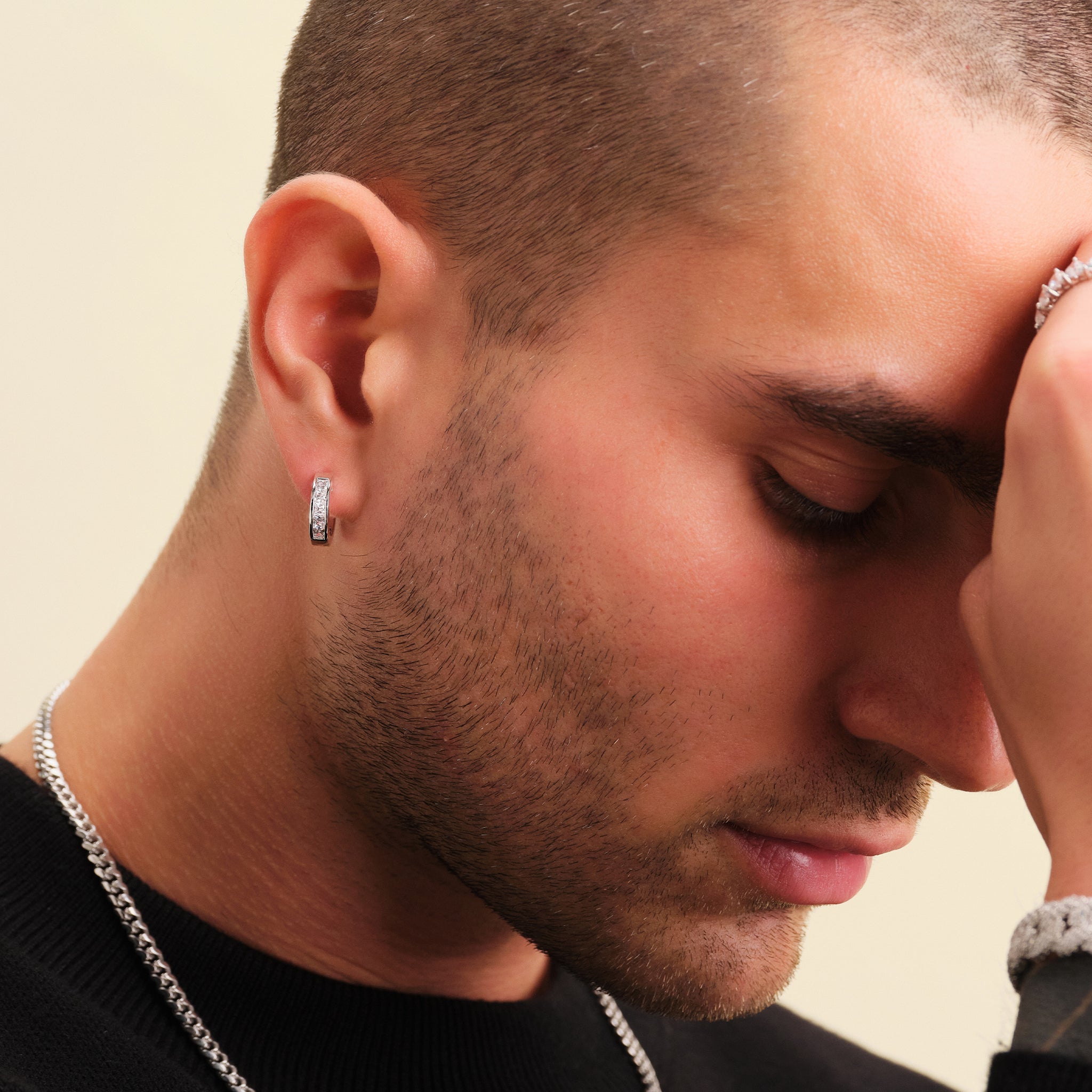 Studded Frame Hoop Earrings - Men's Silver Hoops - JAXXON