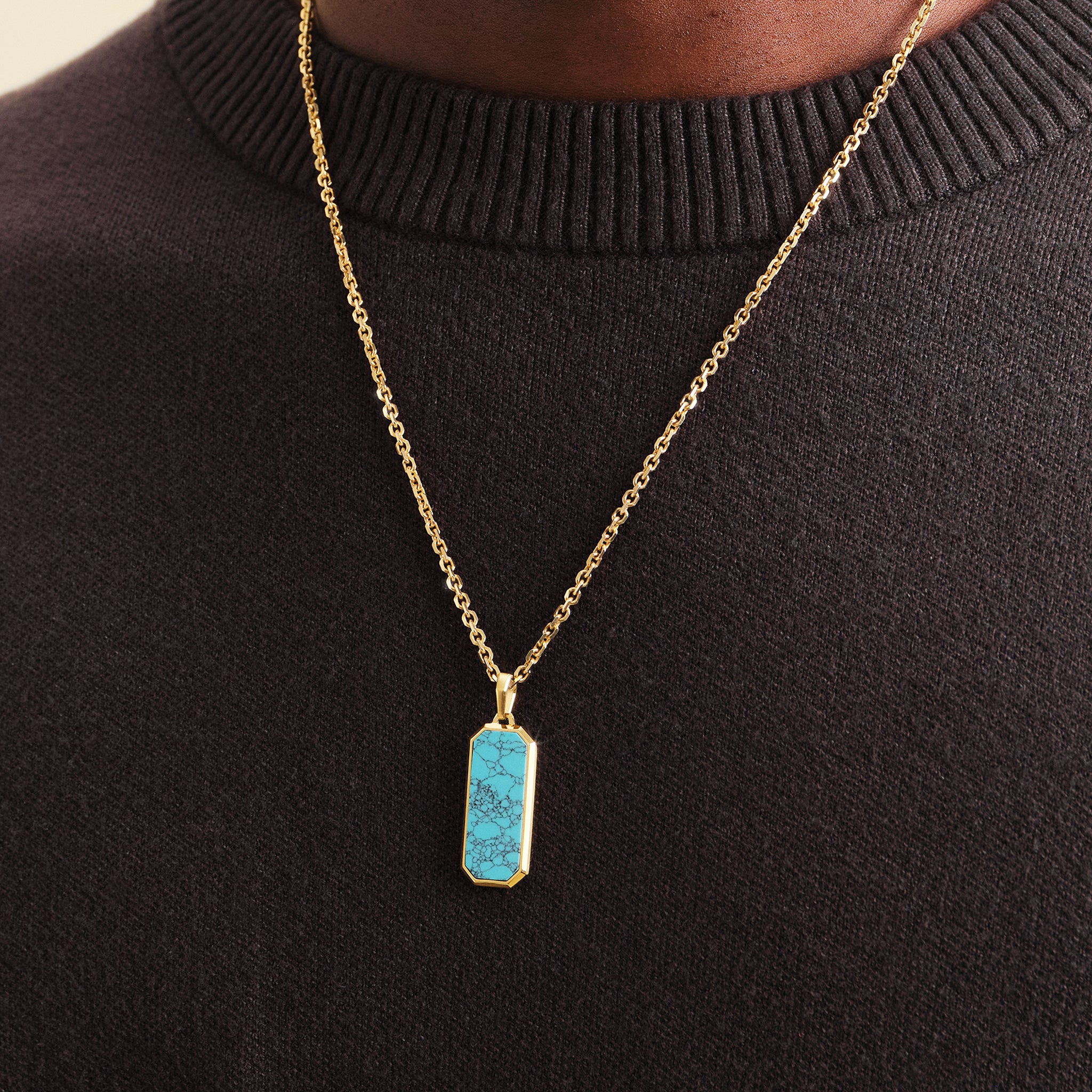 Bezel Gemstone Round Pendant Necklace - Gold Plated Chain - Turquoise  (16-24