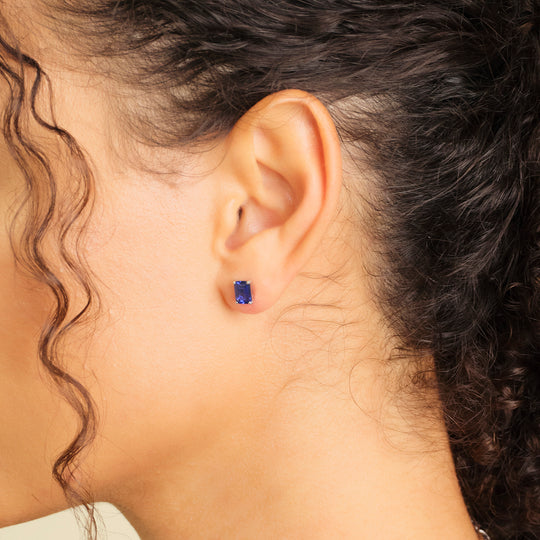 Women's Blue Emerald Cut Stud Earrings - Image 6/7