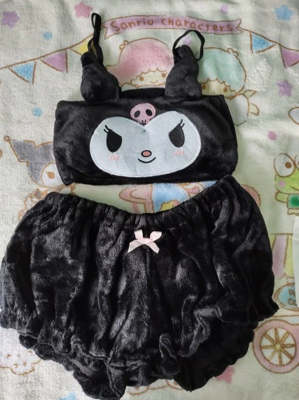 Black Kuromi Lingerie Set Fuzzy Bloomer Shorts Pastel Goth Kawaii Babe