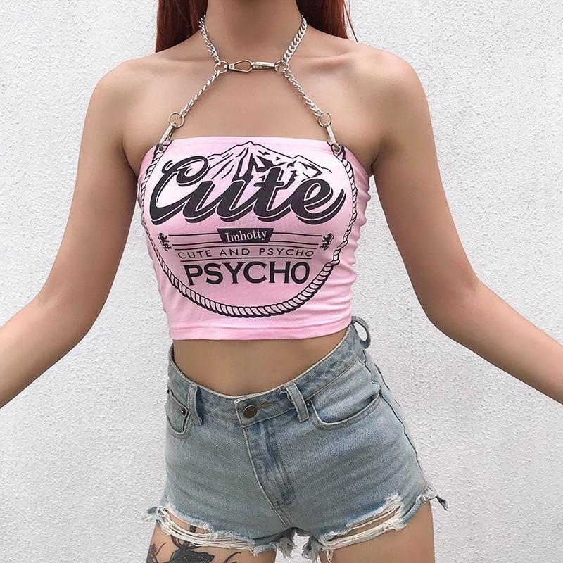  Cute  Psycho Halter  Top Chain Pink Kawaii Babe