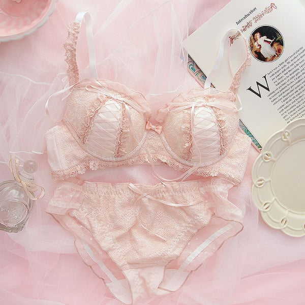 Bra for Teenage Girl Lolita Style Pink Push Up Bras Floral Lace Underwear  Cute Sweet Bralette with Underwire Gathered Brasieres