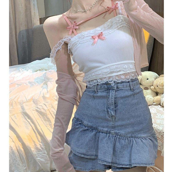 French Vintage Knit White Camisole Tank Top Cute Nymphette Kawaii Babe