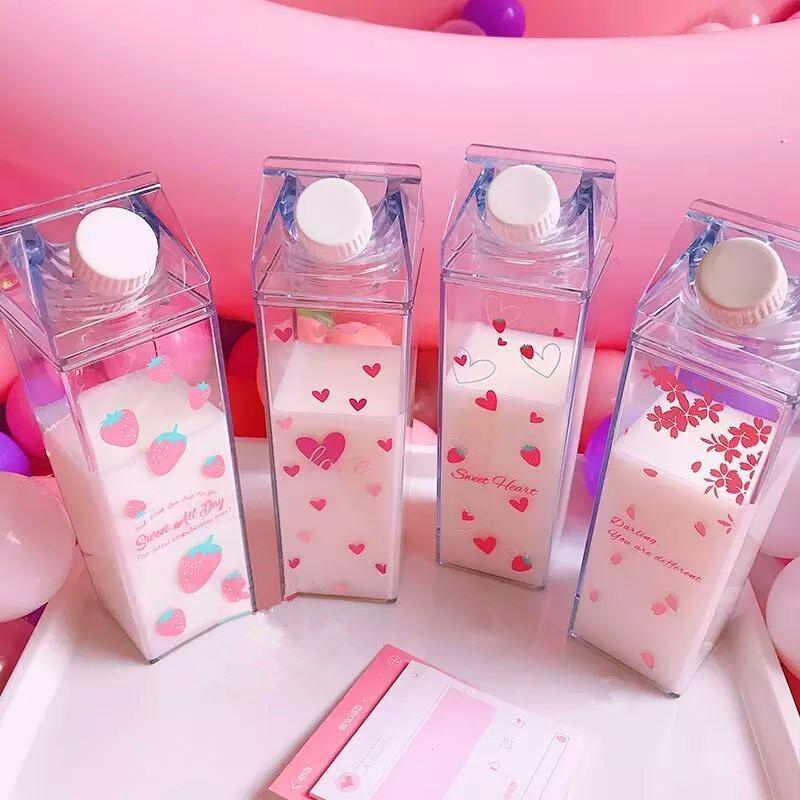 Clear Milk Carton Water Bottle Strawberry Kawaii | Kawaii Babe