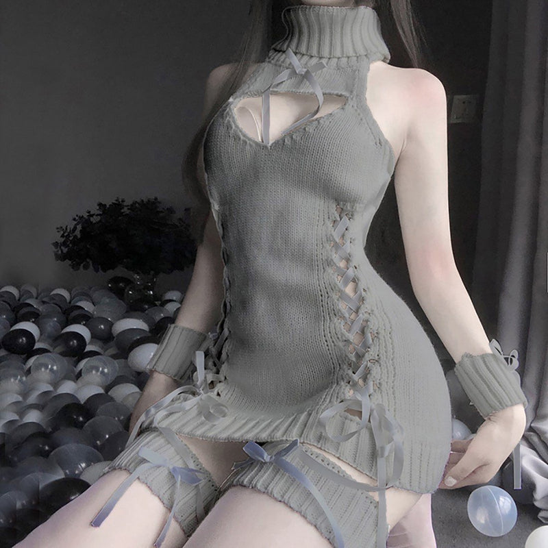 Lace Up Virgin Killer Sweater Dress - anime, bows, clothes, clothing, corset