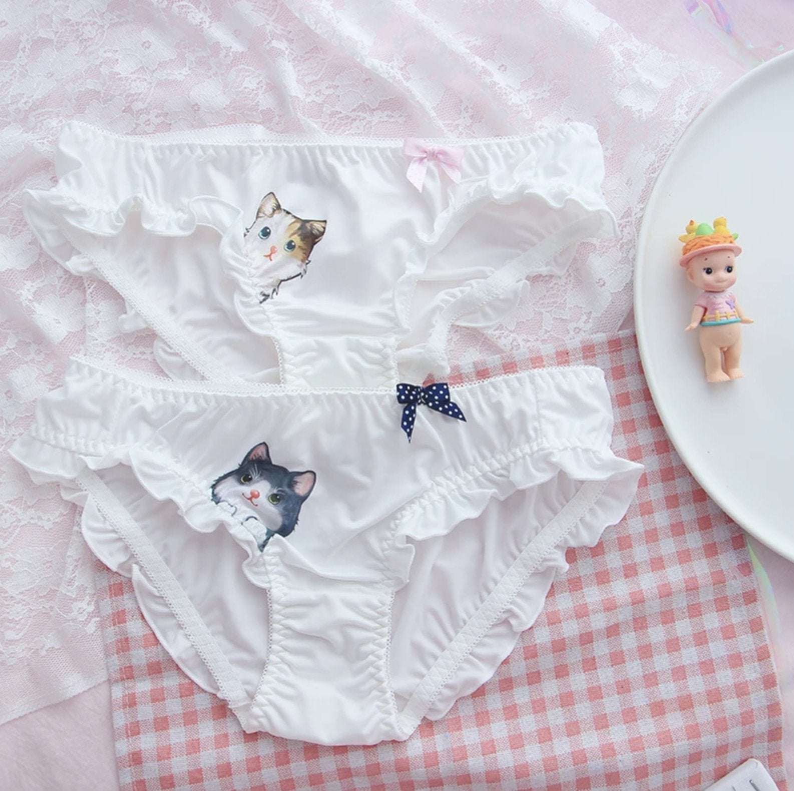 Tiny Cat Face Panties Petplay Underwear White Frilly Kawaii Babe